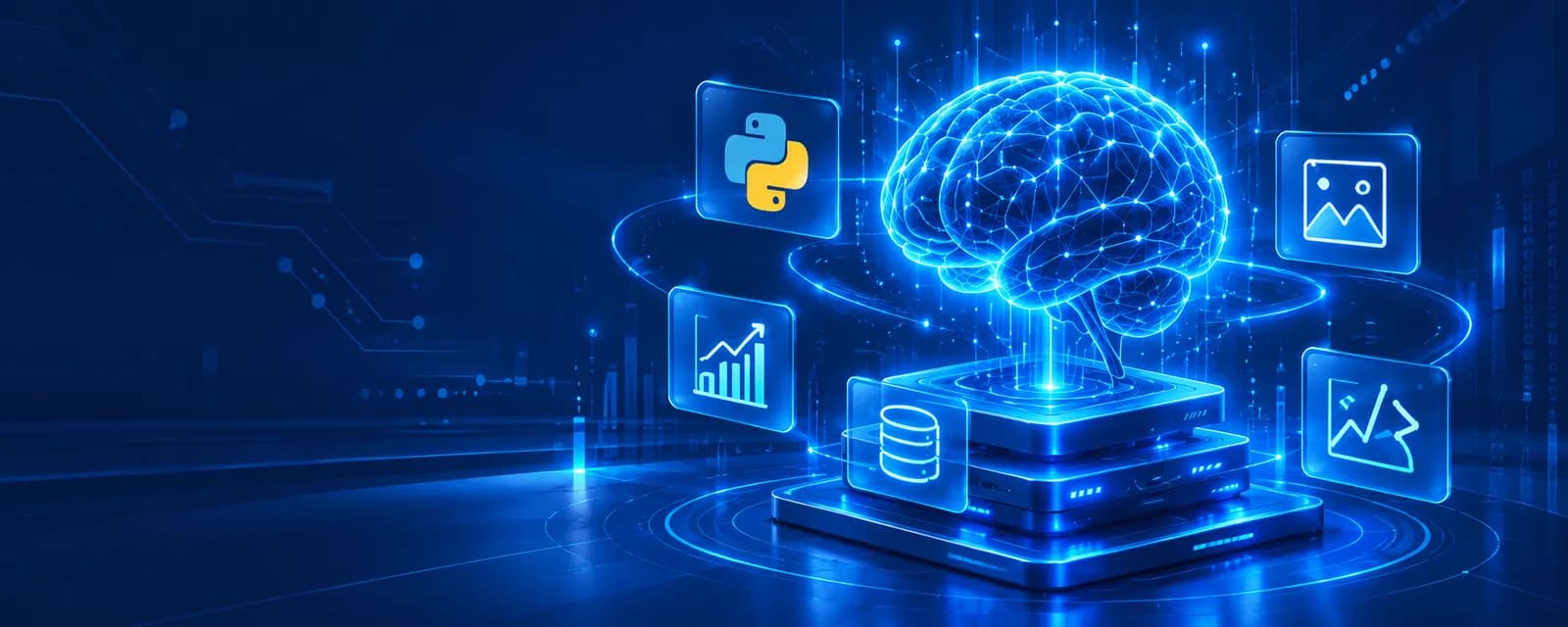 Glowing AI brain technology banner representing Artificial Intelligence and machine learning training