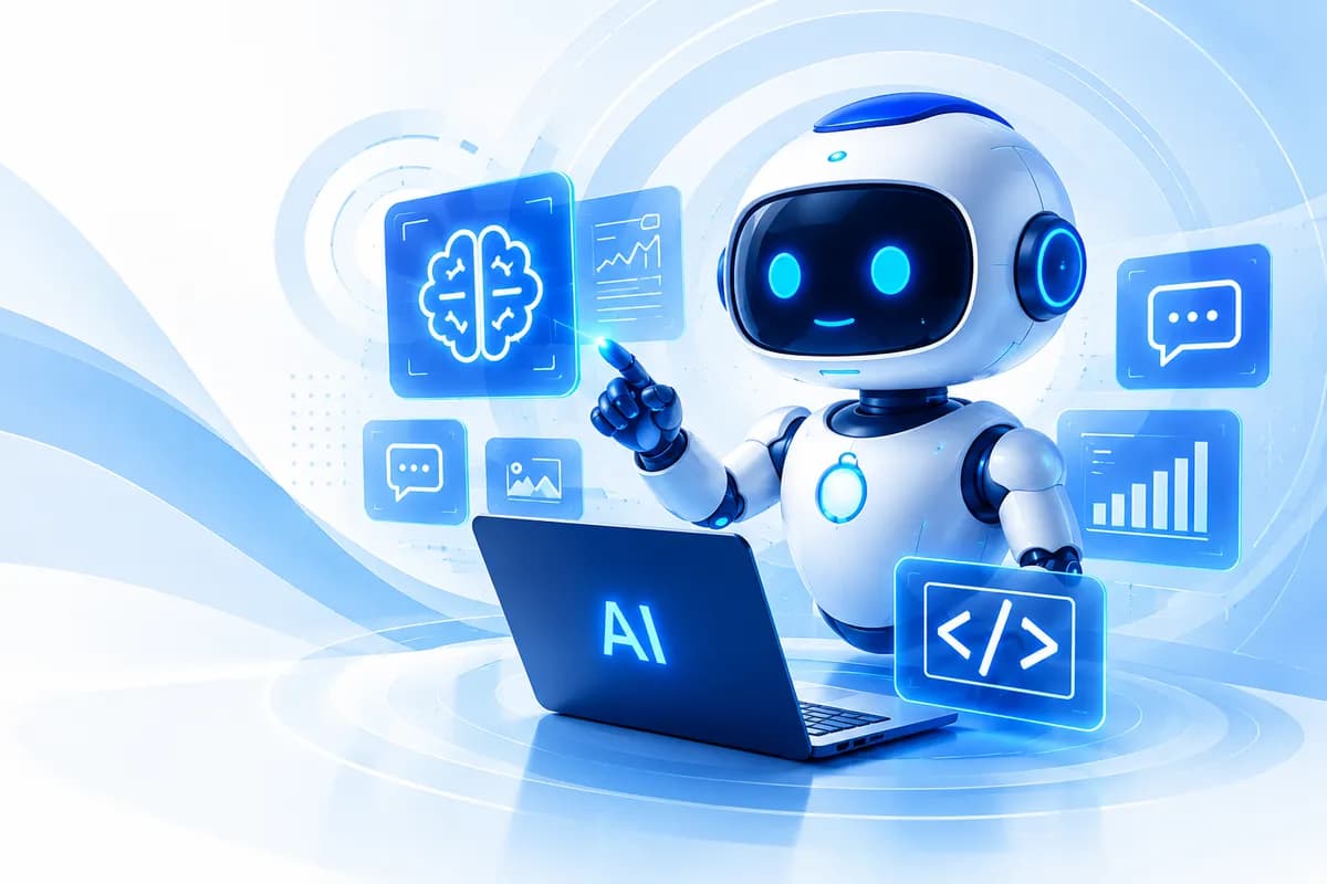 Friendly AI robot assistant hologram for Artificial Intelligence course training in Ahmedabad